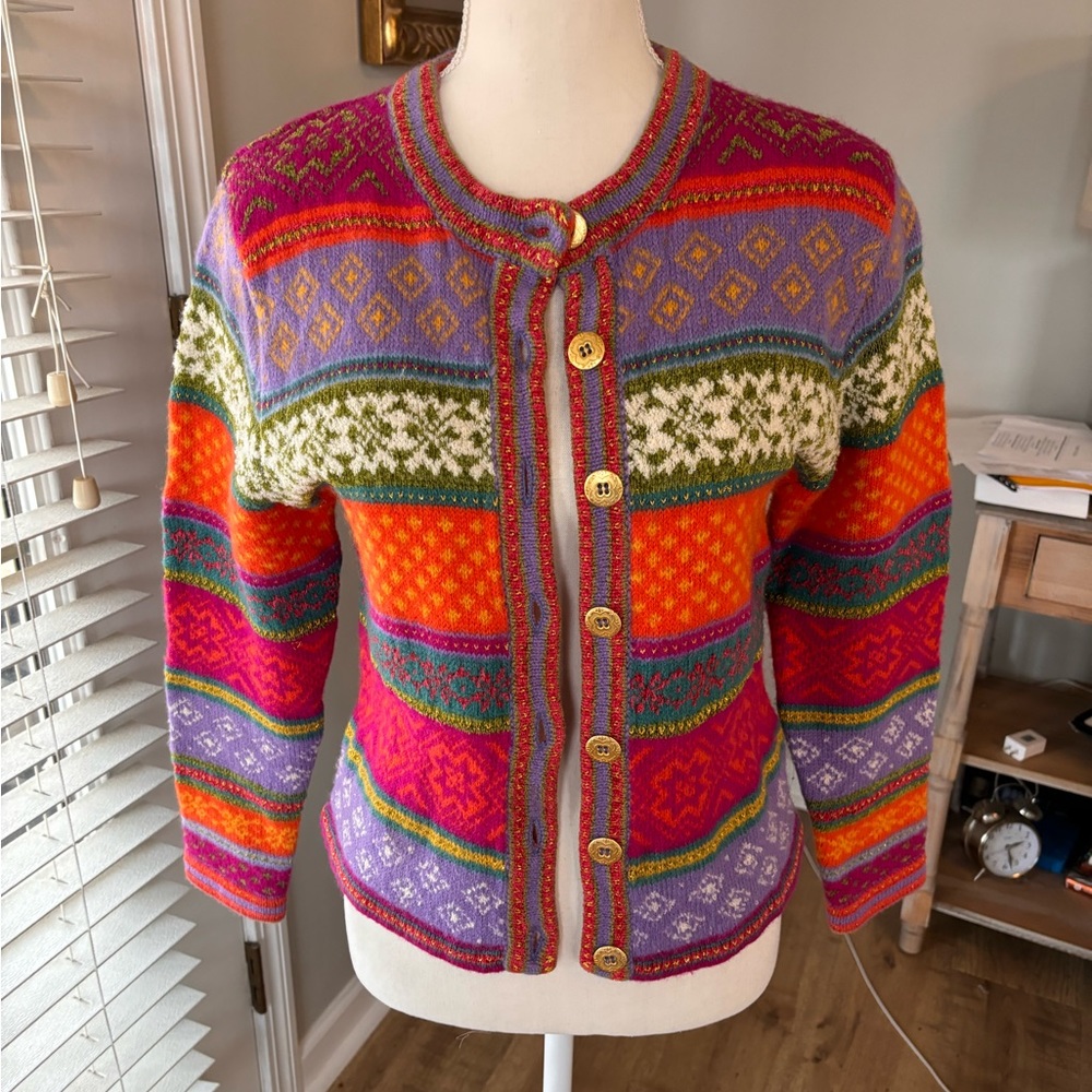 Vintage Susan Bristol wool blend colorful cardigan sweater size small EUC